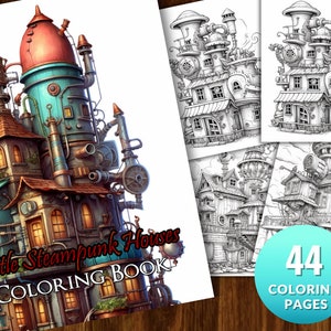44 Little Steampunk Houses Coloring Book - Adults Kids Coloring Pages, Instant Download, Grayscale Coloring Book, Printable PDF File