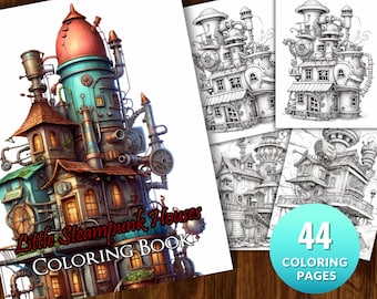 44 Little Steampunk Houses Coloring Book - Adults Kids Coloring Pages, Instant Download, Grayscale Coloring Book, Printable PDF File