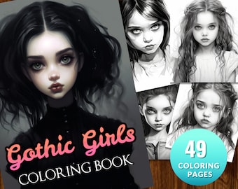 49 Gothic Girls Coloring Pages | Bright, Medium and Dark | Printable Adult Coloring Pages | Download Grayscale Illustration