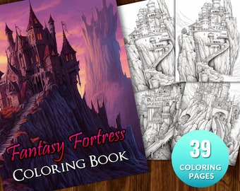 Fortress Fantasy Coloring Book: 39 Medieval Castles, Suitable for Adults & Children, Instant PDF Download, Grayscale Coloring Gift