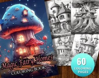 60 Grayscale Magic Fairy Houses Coloring Book | Printable Adult Coloring Pages | Download Grayscale Illustration | Printable PDF file