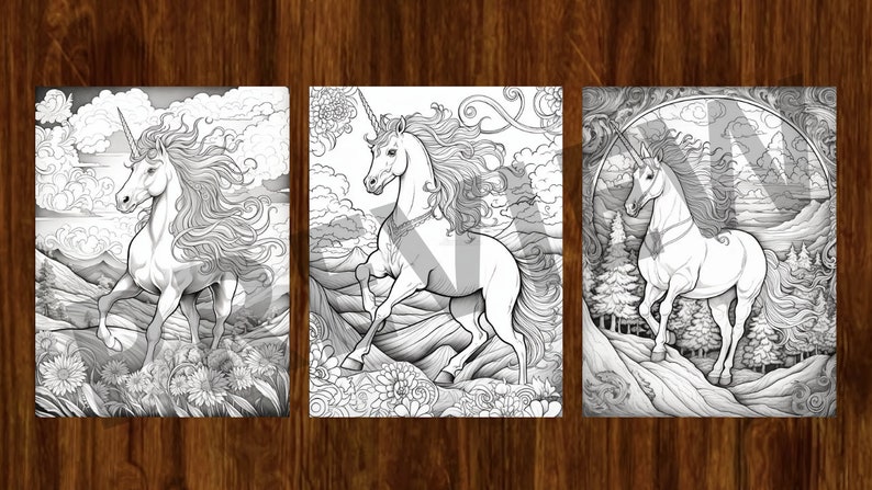 May include: Three black and white line drawings of unicorns in different poses. Each unicorn is depicted in a different landscape setting. The first unicorn is in a field of flowers, the second is in a mountainous landscape, and the third is in a forest.