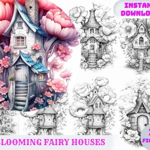 35 Blooming Fairy Homes Coloring Book, Adults kids Instant Download -Grayscale Coloring Book -Printable PDF, Flower Houses, Fairy Houses