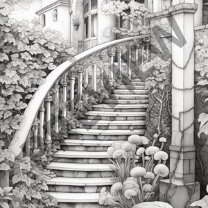 May include: A black and white drawing of a stone staircase leading up to a house. The staircase is surrounded by lush greenery and flowers.