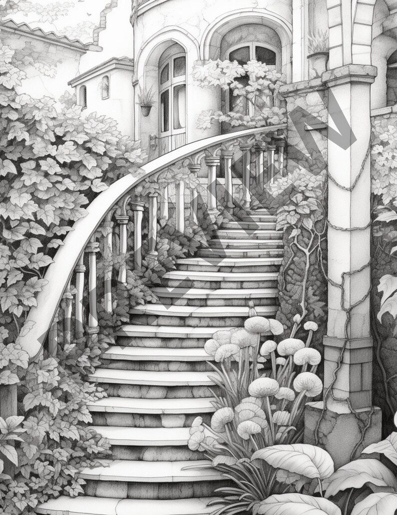 May include: A black and white drawing of a stone staircase leading up to a house. The staircase is surrounded by lush greenery and flowers.
