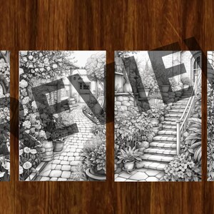 May include: A black and white illustration of a house with a garden path leading to a set of stairs. The house has a door and windows, and the garden is filled with flowers and plants.