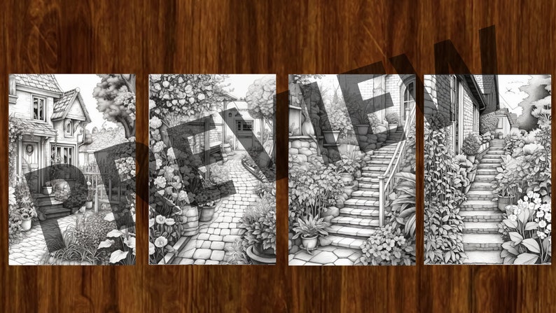 May include: A black and white illustration of a house with a garden path leading to a set of stairs. The house has a door and windows, and the garden is filled with flowers and plants.