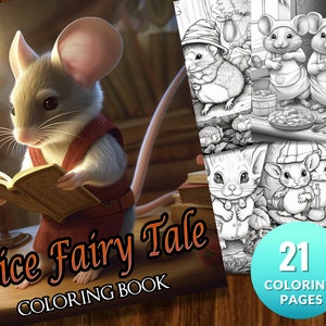 Fairytale Mice Coloring Book, Adults kids Instant Download -Grayscale Coloring Book - Printable PDF, mice and mouse, fairytale coloring