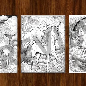 May include: Three black and white line drawings of unicorns with flowing manes and tails. Each unicorn is depicted in a different pose, with one running, one standing, and one galloping. The unicorns are set against a background of clouds and a rainbow.