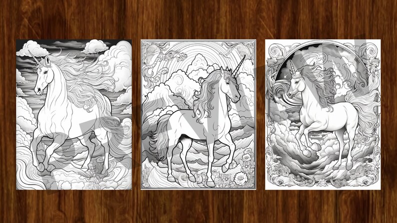 May include: Three black and white line drawings of unicorns with flowing manes and tails. Each unicorn is depicted in a different pose, with one running, one standing, and one galloping. The unicorns are set against a background of clouds and a rainbow.
