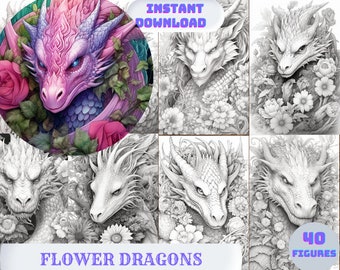 Flower Dragons Coloring Book: Majestic Dragon Designs | 46 Detailed Images | Printable PDF Instant Download by NuddleArt