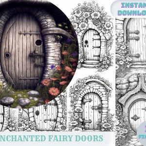 Enchanted Fairy Doors Coloring Book - Adults Kids Coloring Pages, Instant Download, Grayscale Coloring Book, Printable PDF File