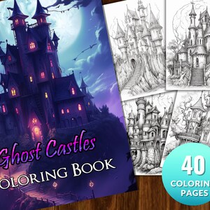 Ghost Castle 40 Coloring Pages, Instant Download, Grayscale Coloring Book, Printable PDF File