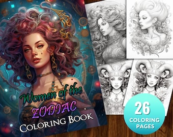 26 donne dei segni zodiacali Pagina da colorare anime fantasy, adulti + bambini - Scarica - Pagina da colorare in scala di grigi - Regalo, PDF stampabile