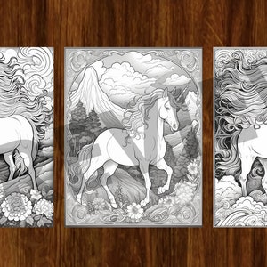 May include: Three black and white illustrations of unicorns. The first unicorn is running through a mountainous landscape with clouds and flowers. The second unicorn is running through a similar landscape with a mountain in the background. The third unicorn is running through a cloudy sky.