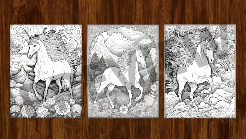 May include: Three black and white illustrations of unicorns. The first unicorn is running through a mountainous landscape with clouds and flowers. The second unicorn is running through a similar landscape with a mountain in the background. The third unicorn is running through a cloudy sky.