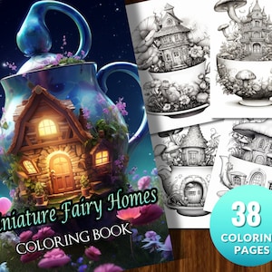 38 Teapot Houses Coloring Book, Adults kids Instant Download -Grayscale Coloring Book -Printable PDF, fairies, fantasy coloring, moon