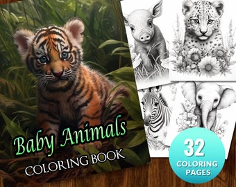 32 Cute Baby Animals Grayscale Coloring Pages | Printable Adult Coloring Pages | Download Grayscale Illustration