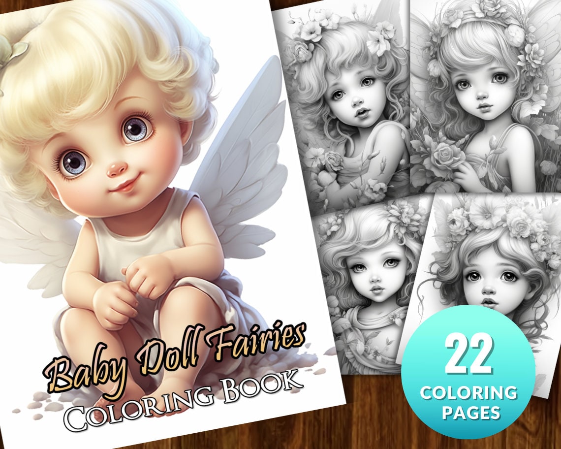 22 Grayscale Fairy Coloring Pages of Cute Baby Fairie, Printable PDF ...