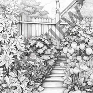 May include: A black and white pencil drawing of a garden path leading to a wooden fence. The path is lined with lush greenery and flowers, including large, round poppy-like flowers.