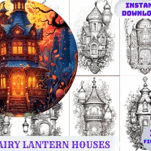 Coloring Book Lantern Fairy Houses Adults Coloring Pages Grayscale Coloring Pages Printable Coloring PDF