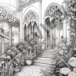 May include: A black and white pencil drawing of a house with a large, ornate doorway and a stone walkway leading up to it. The house is surrounded by lush greenery and flowers.