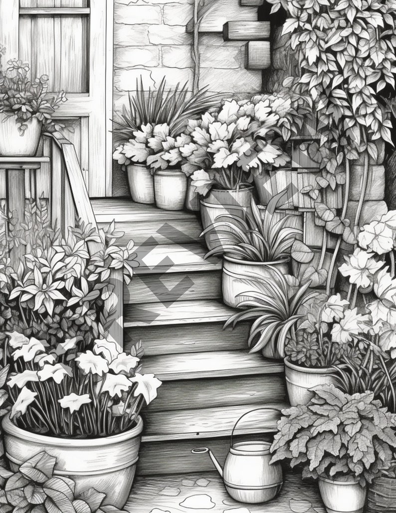 May include: A black and white pencil drawing of a set of stairs leading up to a house. The stairs are lined with potted plants, including ferns, leafy plants, and flowers. A watering can sits on the bottom step.