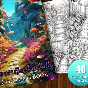 Garden Path Coloring Pages for Adults and for Kids, Grayscale Coloring Book, Printable PDF