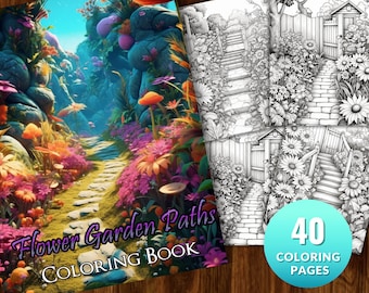 Garden Path Coloring Pages for Adults and for Kids, Grayscale Coloring Book, Printable PDF