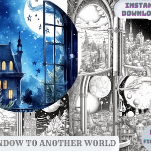 42 Window to Another World Grayscale Coloring Pages, PDF Format, Instant Download - Dark and Light