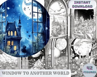 42 Window to Another World Grayscale Coloring Pages, PDF Format, Instant Download - Dark and Light