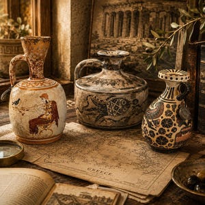 May include: An antique still life featuring three ceramic vases with handles, a map of Greece, and old books. The vases have intricate designs and illustrations in shades of brown, beige, and red. A magnifying glass and a small bowl of olives are also present.