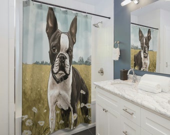Boston Terrier Shower Curtain - Floral Design - Gift for Boston Terrier Owners - Unique Shower Curtain - Boston Terrier Lover - Dog Lover