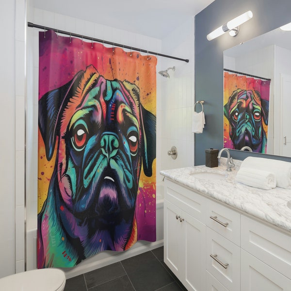 Pug Shower Curtain - Pop Art Style - Adorable Vibrant Design - Gift For Pug Owners - Dog Themed Decor - Pug Lovers - Unique Bathroom Decor