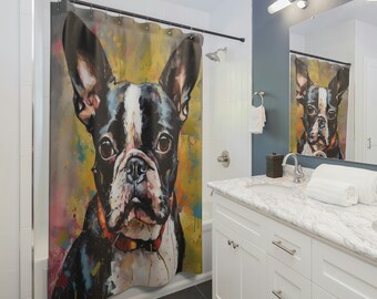 Boston Terrier Shower Curtain - Funky and Fun Design - Perfect Dog Lover Decor for Your Bathroom - Boston Terrier Gift - Cute Shower Curtain