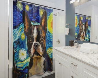 Boston Terrier Shower Curtain - Starry Night - Boston Terrier Home Decor - Boston Terrier Gift - Unique Bathroom Decor - Dog Lover