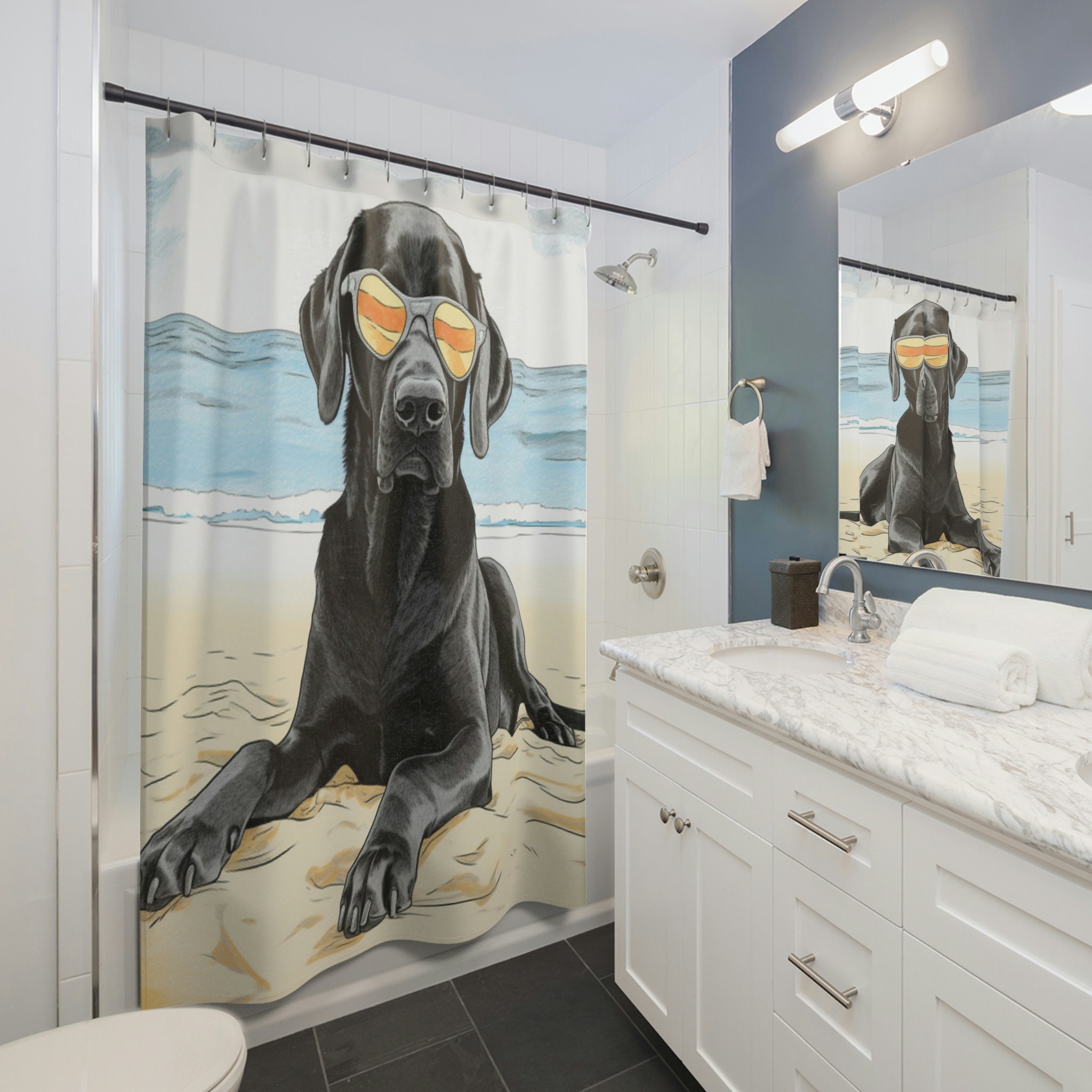 Black Lab Beach Themed Shower Curtain Waterresistant Fabric Etsy