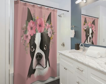 Floral Boston Terrier Themed Shower Curtain - Gift for Boston Terrier Lovers - Perfect Dog Lover Decor for Your Bathroom