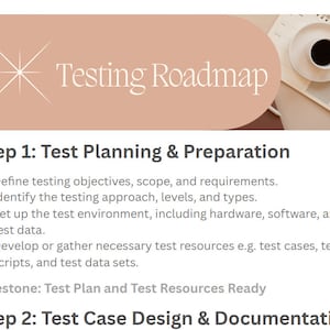 Może przedstawiać: Jasnobrązowe tło z białym wzorem gwiazdy i tekstem "Testing Roadmap". Tekst "Krok 1: Planowanie i przygotowanie testów" jest w kolorze czarnym. Tekst "Zdefiniowanie celów, zakresu i wymagań testowania." jest w kolorze czarnym. Tekst "Określenie podejścia do testowania, poziomów i typów." jest w kolorze czarnym. Tekst "Utworzenie środowiska testowego, w tym sprzętu, oprogramowania i danych testowych." jest w kolorze czarnym. Tekst "Opracowanie lub zebranie niezbędnych zasobów testowych, np. przypadków testowych, skryptów testowych i zestawów danych testowych." jest w kolorze czarnym. Tekst "Kamień milowy: Plan testów i gotowe zasoby testowe" jest w kolorze czarnym. Tekst "Krok 2: Projektowanie i dokumentacja przypadków testowych" jest w kolorze czarnym.