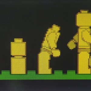 Puede incluir: Una figura de Lego amarilla se aleja de una serie de figuras de Lego más pequeñas, cada una representando una etapa de la evolución humana.