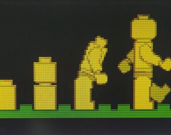 May include: A yellow Lego figure walks away from a series of smaller Lego figures, each one representing a stage of human evolution.