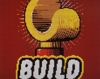 May include: A pixelated image of a golden microphone with a red base and the word "BUILD" in white letters on a yellow background.