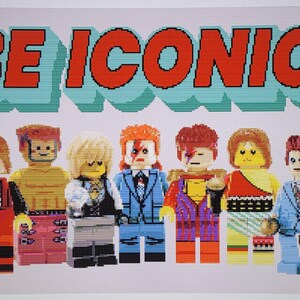 May include: A group of seven colorful Lego minifigures with the text "BE ICONIC" above them. The minifigures are all wearing different outfits and have different hairstyles.