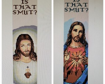 May include: Two bookmarks with a pixelated image of Jesus Christ. The top of each bookmark has the text "IS THAT SMUT?"