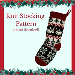 May include: Knit stocking pattern with a red, white, and green snowflake design. The pattern is available for instant download.