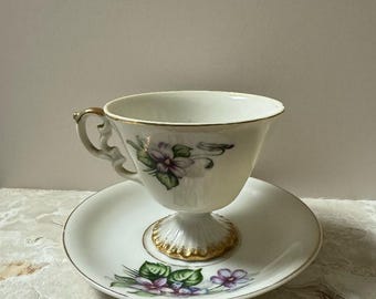 Vintage Japanese Teacup and Saucer Purple Violet Flowers and Gold Trim