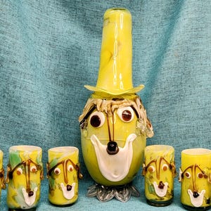 Vintage Murano Art Glass Decanter & Tumblers Set – Clown Face Design – Mid-Century Modern Italian Barware