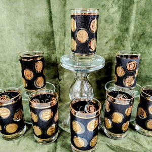 Vintage Black and Gold Coin Highball Barware, set of 8, by Libby