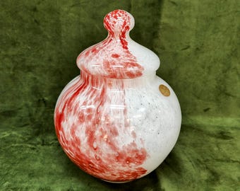 Vintage Murano Art Glass Jar: Cranberry Swirl Lidded Vessel, Italian Hand Blown