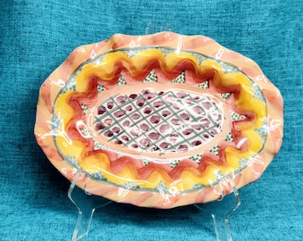 MacKenzie-Childs Hand-Painted Small Platter – Bright Whimsical Krukenhof, Collectible Courtly-Style Serving Piece
